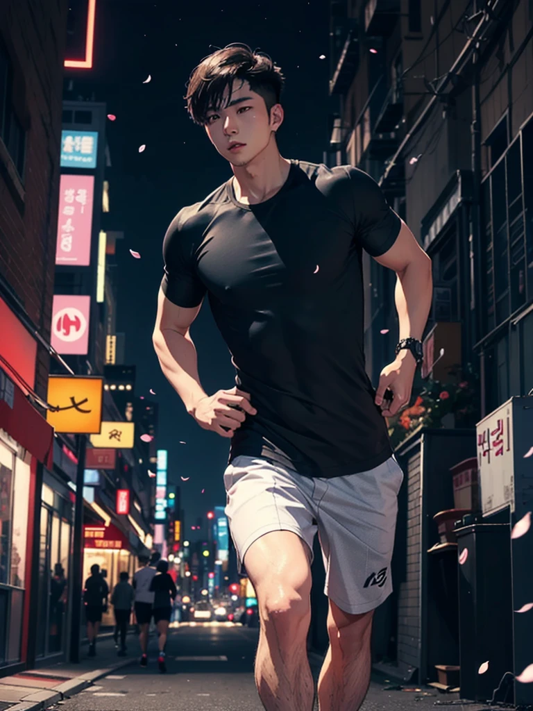 portrait of a 1 handsome korean man (25 year old) wearing a tight black tank top, front view, he is running on the street (smirk:0.65), (angry:0.3), cinematic shot on canon 5d ultra realistic, urban atmosphere, skyscrapers, night scene, sakura petals are flying over the background, short hair undercut, (extremely handsome:1.2)