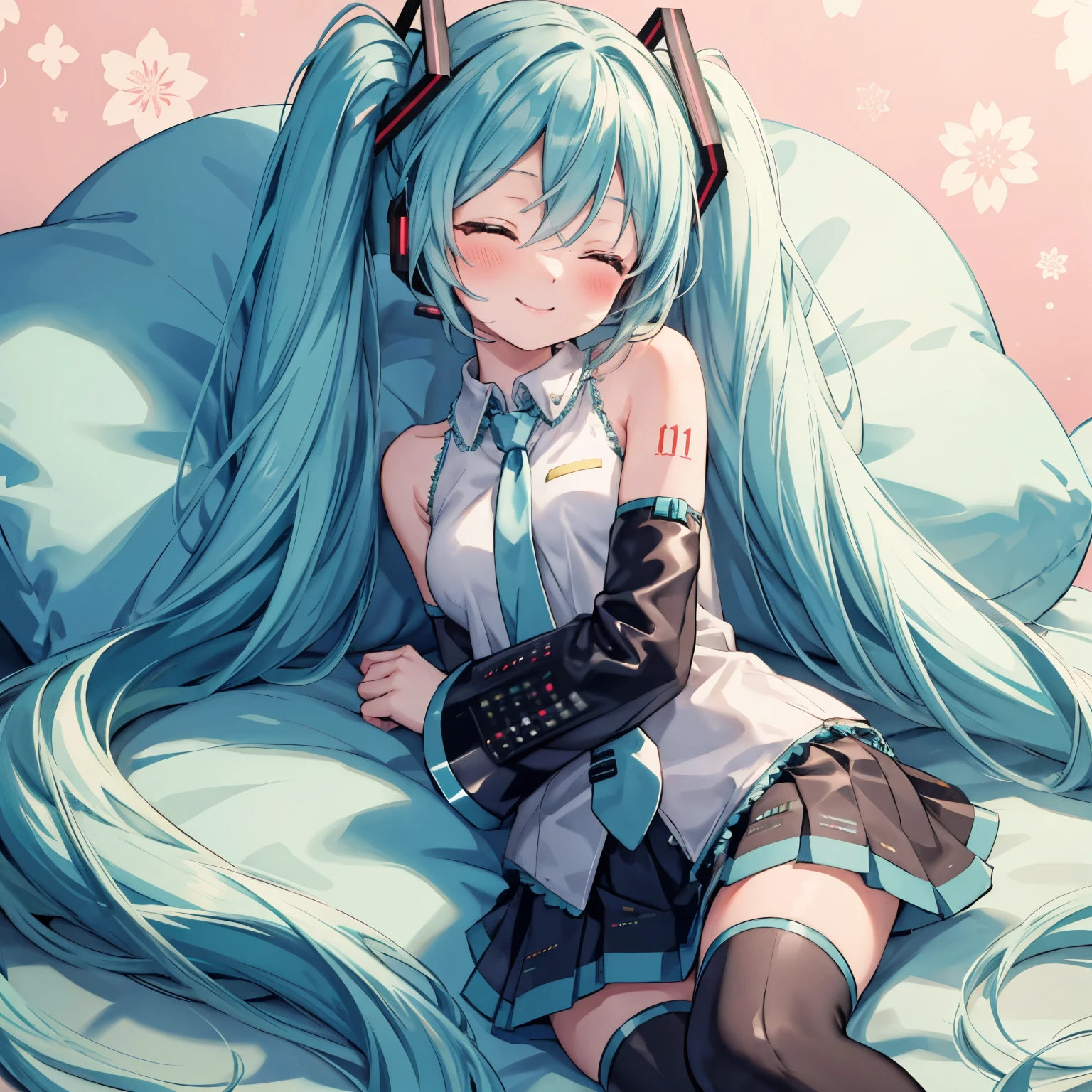 Hatsune Miku,Sleeping next to me, smile, blush, stop temporarily, Floral Background