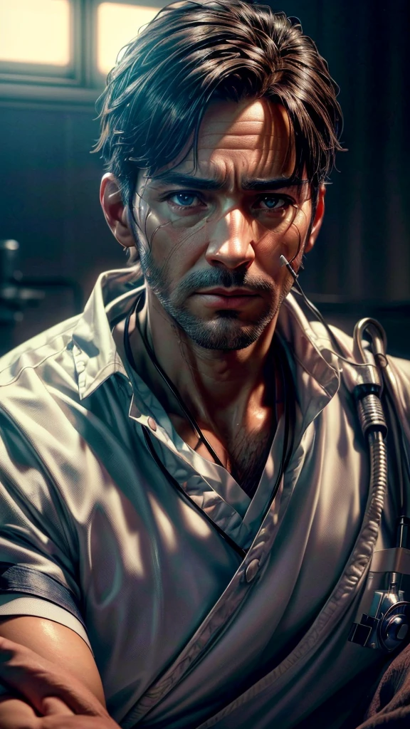 a male nurse caring for a patient,nurse uniform,hospital ward,medical equipment,caring expression,compassionate,detailed face,intricate details,((best quality,4k,8k,highres,masterpiece:1.2),ultra-detailed,(realistic,photorealistic,photo-realistic:1.37)),cinematic lighting,dramatic shadows,warm colors,highly detailed,cinematic composition