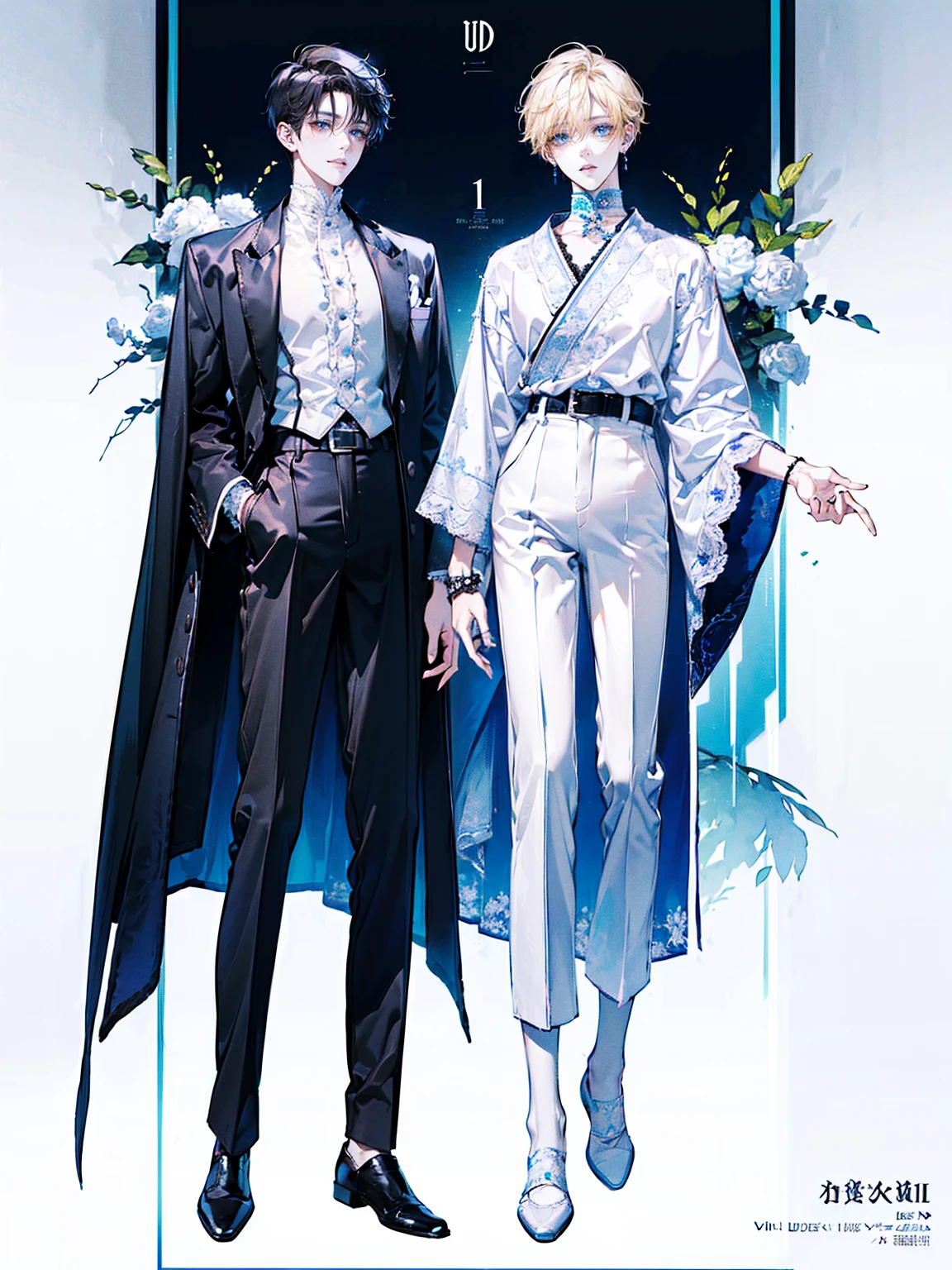((full body: 2)), ((UHD, masterpiece, super detail, best quality, highres, 8k)), (detailed line art), perfect face, perfect body, perfect hands, perfect feet. Humans, around 20 years old, (2 males: 2.0), ((two characters)), male idols, (simple background, magazine cover style: 1.5). Features of the first person :Gentle vibe, standing on the right, (bright blonde hair), (parallel eyebrows, light blue eyes, droopy eyes, thin lips), (white top, collarbone-revealing top, puffed sleeves top, white ribbon decorations:1.0, white frill decorations:1.0, white lace decorations:1.0, white corset, high-waisted white pants, white belt, white leather shoes), (white ribbon choker), (angelic vibe), (looking forward). Features of the second person :Cool vibe, standing on the left side, (black hair), (parallel eyebrows, light blue eyes, slanted eyes, thin lips), (black top, high-neck top, fitted top, black jacket, black belt decoration:1.5, black pants, black belt, black leather shoes), (black earrings, black bracelet), (devil-like vibe), (looking forward).