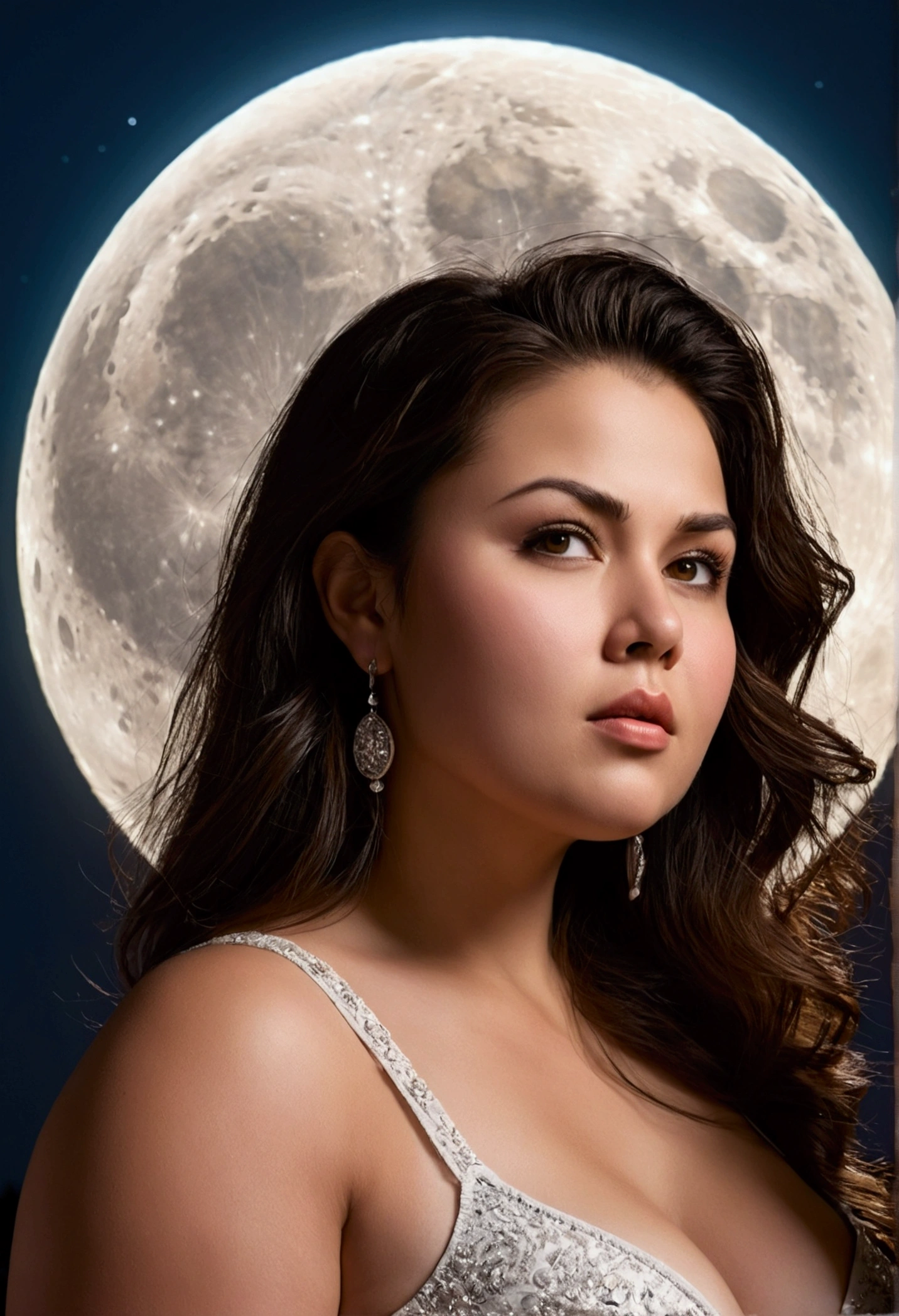 1womanl, brunette skin, a little overweight, dazzling, look that conveys strength, full moon background that fills the center of the image, the woman stands in front of the moon being illuminated by the moon, beautiful shine, beautiful contrast