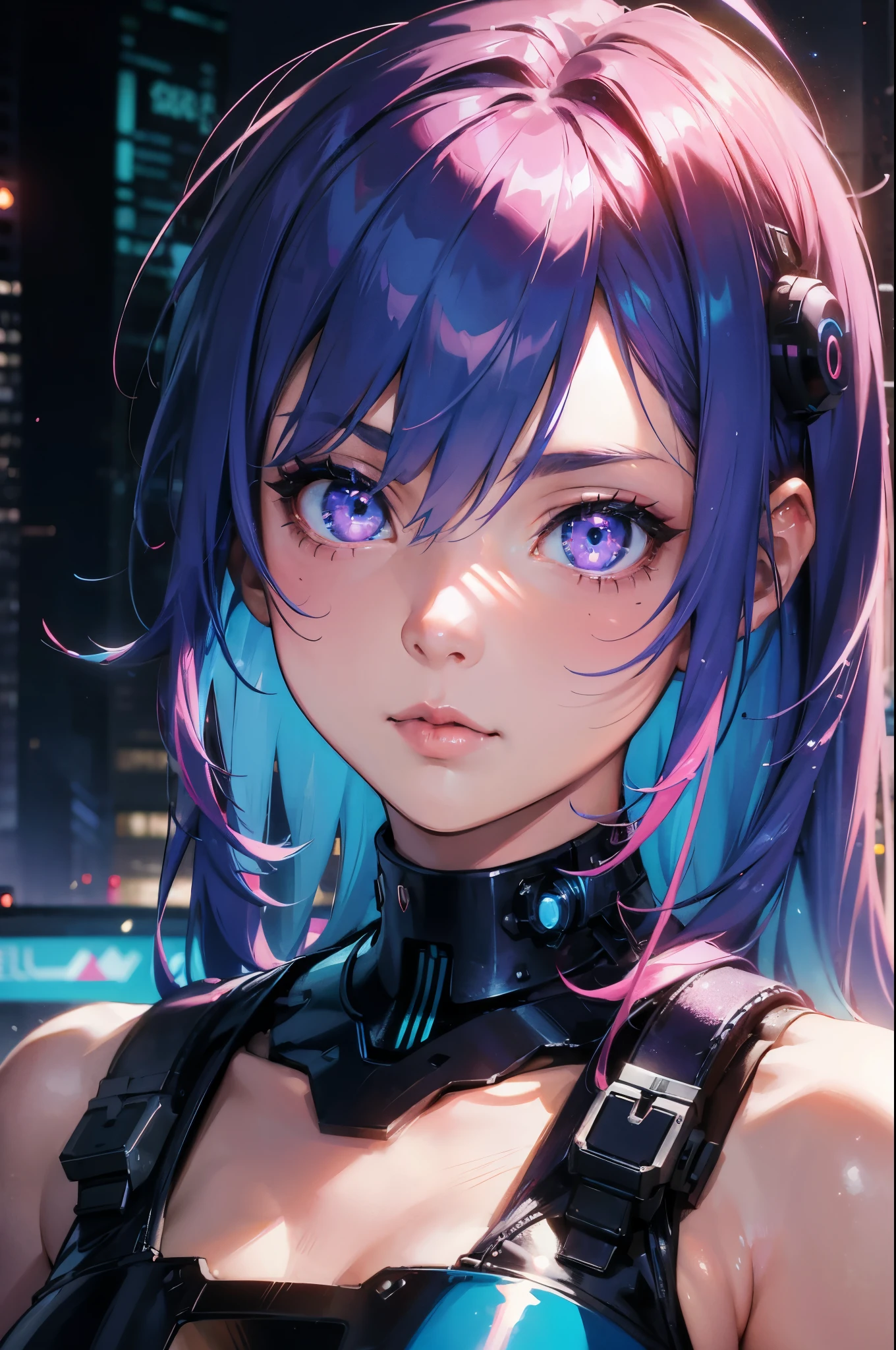 close up, 1 girl, Solitary, [dark Blue and pink hair: Blue and pink hair:0.2], Cyberpunk, high tech, exist, Mechanical Parts, Looking at the audience, Black eyes, Long hair, Glowing Laser Women&#39;s Super Tech Bodysuit, Cyberpunk mechanical body parts, Have a tattoo, Internal, Luminous laser earrings. High contrast, night, Black, [freckle:0.9], Reflective transparent rainbow, Long hair, breast, The face of the most beautiful Korean woman with white skin, Expression, (relaxed poses: 1.5), Eva, Complex background, Sony A6300, Extremely beautiful and gorgeous anime illustrations, Use perspective，(relaxed poses: 1. 5), Eva, Complex background, Sony A6300, Extremely beautiful and gorgeous anime illustrations with a cinematic perspective.huge , breast疯狂肿胀, Chest larger than shoulder blades, Big breasts and thin waist，(huge breasts:1.2)，Hydrated skin（（rogue））（（非常hugebreast）），（（Grooves reveal original skin）)（（Open your legs））
