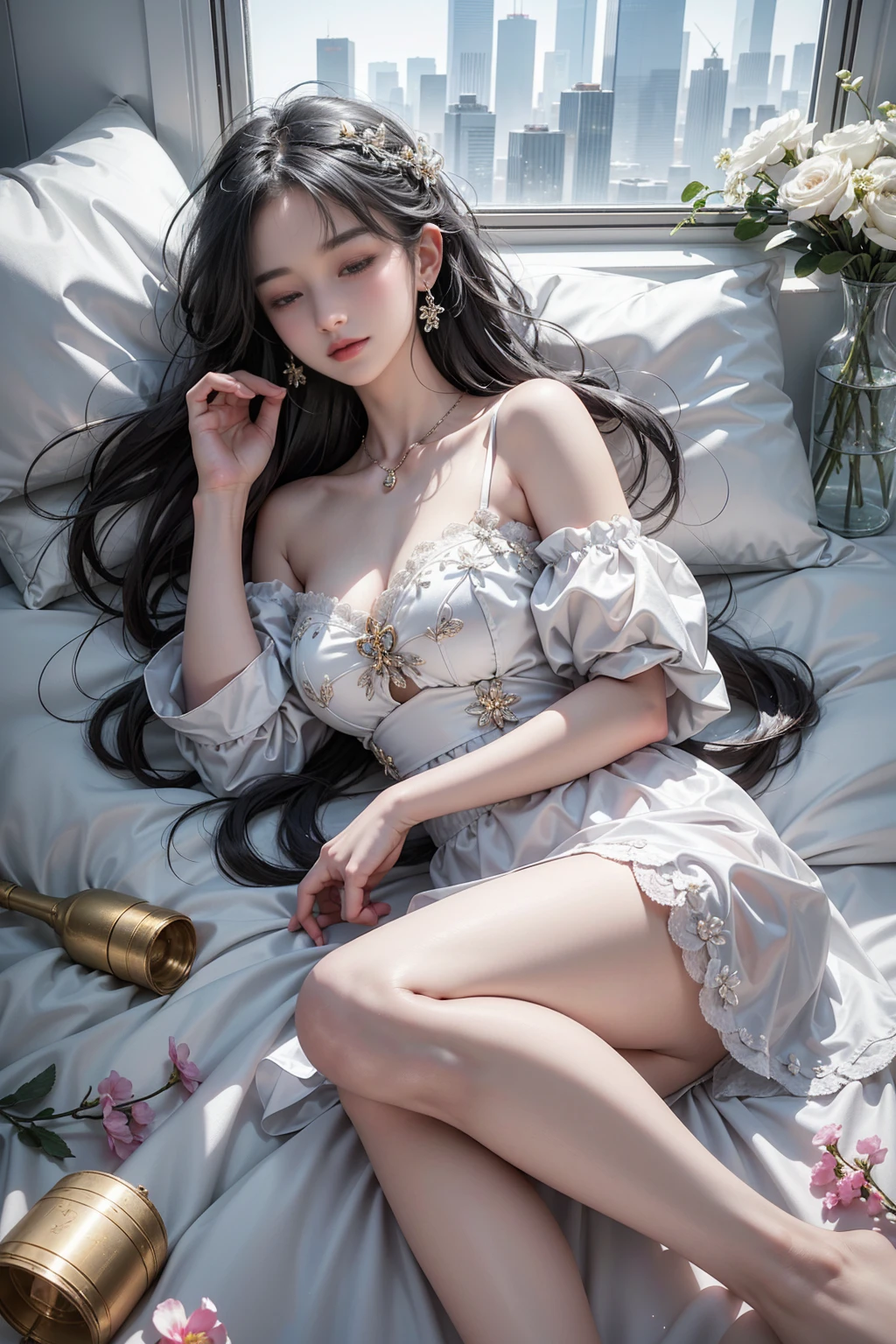 （(Girl lying on bed))、Beauty、 One Girl、alone、Long Hair、Viewer、smile、（Eyes closed)、hair ornaments、、gem、Gray Hair、Shut your mouth、Blunt banganicure、bracelet、lips、Grey Eyes、Portraiture、Red nails、close、赤いlips、Put your hands on your face、Place your hand on your cheek、()、(Shiny skin)、((Skyscrapers are hazy outside the window))、(Off-shoulder white dress with floral pattern),),((Girl sleeping with legs slightly apart)),(Leg spread),((White panties are visible)),（Lift-up skirt)、((holding a wine glass)),