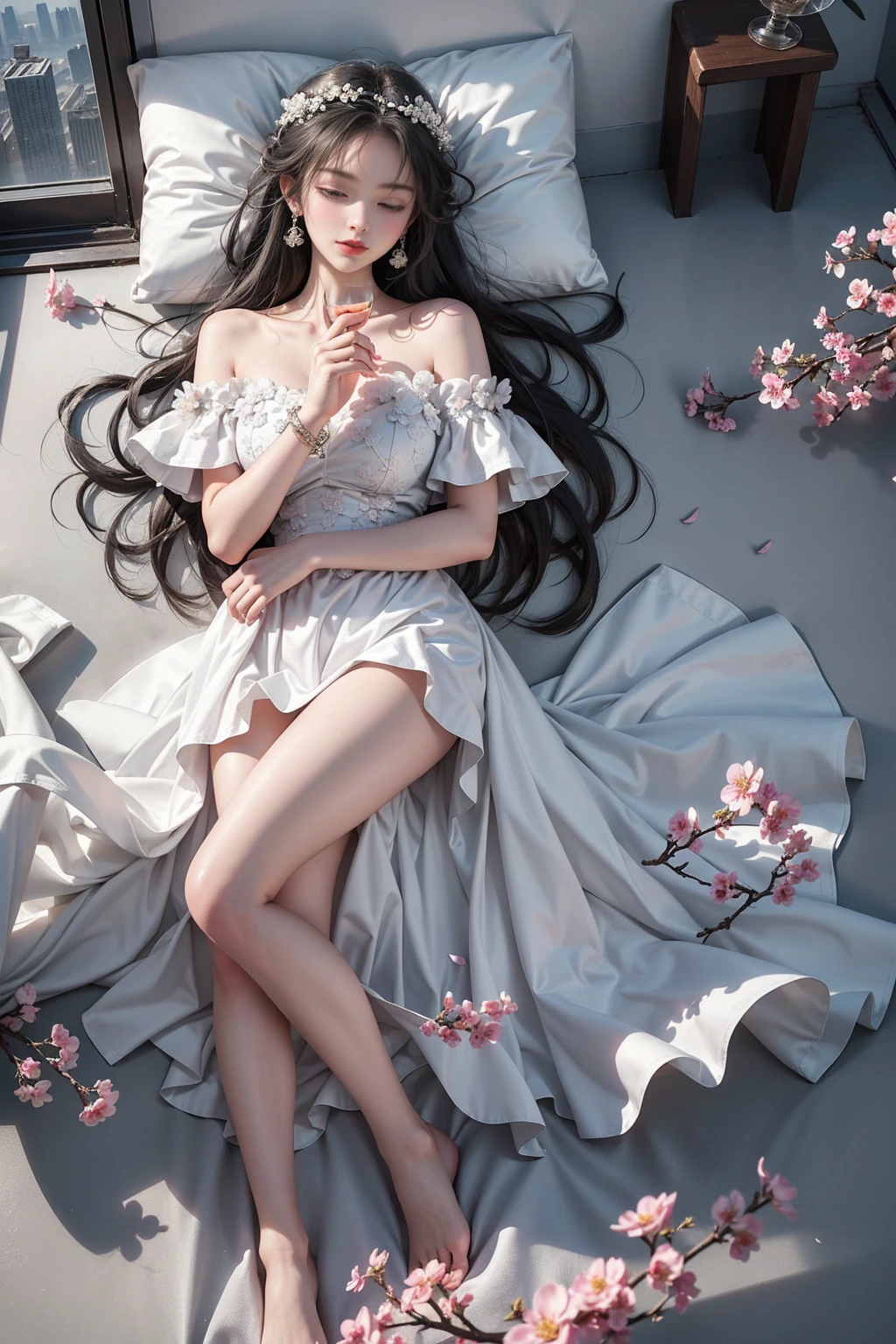 ((Girl lying on bed))、Beauty、 One Girl、alone、Long Hair、Viewer、smile、(Eyes closed)、hair ornaments、、gem、Gray Hair、Shut your mouth、Blunt banganicure、bracelet、lips、Grey Eyes、Portraiture、Red nails、close、赤いlips、Put your hands on your face、Place your hand on your cheek、()、(Shiny skin)、((Skyscrapers are hazy outside the window))、(Off-shoulder white dress with floral pattern),),((Girl sleeping with legs slightly apart)),(Leg spread),((White panties are visible)),(Lift-up skirt)、((holding a wine glass)),