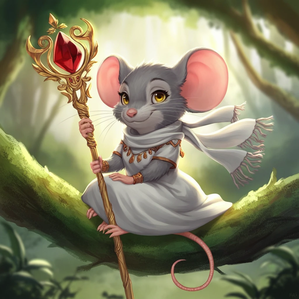 1girl, female, animal ears, yellow eyes, mouse ears, :3, mouse tail, barefoot, scarf, dress, short sleeves, sitting, looking at viewer, outdoors, leaf, whiskers, forest, staff, solo, holding, fluffy, tree, tail, nature, blurry, blurry background, furry, furry female, holding staff, smile, white scarf, jewelry, day, closed mouth, body fur, feral, mouse, grey fur, pink ears, sitting on a tree branch in a forest, holding a staff, dressed in a white dress with tassels, score_9, score_8_up, score_7_up, source_anime, masterpiece, best quality, very aesthetic, absurdres