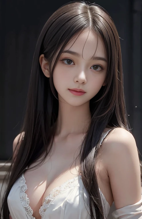 (Surrealism), (shape), (Improve resolution), (8K), (Very detailed), (Best shape), (Beautiful and delicate eyes), (best quality), (Very detailed), (masterpiece ), ( wallpaper), (Delicate face), 1 girl, , White Dress, Large and loose breasts, Looking at the audience, nitty gritty, Delicate face, in the darkness, Deep Shadows, Private Key, Pure Face Ace_v1, Smile, Long hair, Black shawl straight hair , 46 points side bangs