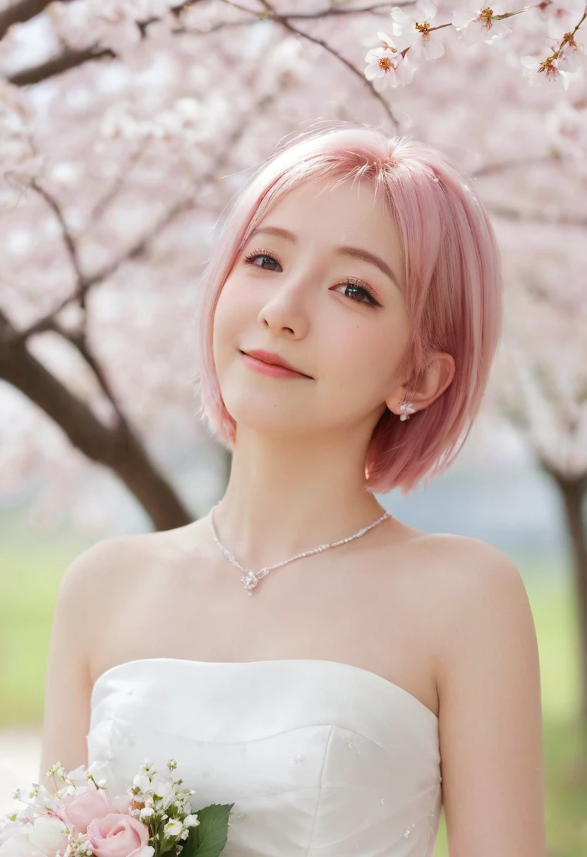 Sakura Haruno, ((Solitary)), Solitary, bride, Wearing a white wedding dress, Queen, Happy, ((The forehead is exposed)), permanent, Entering the church, Pink Hair, short hair, Beautifully, young, short hair, Delicate face, HD, ((whole body)), (The flowers around her), whole body, she is a beautiful woman getting married, face with high quality, beautiful, shining
