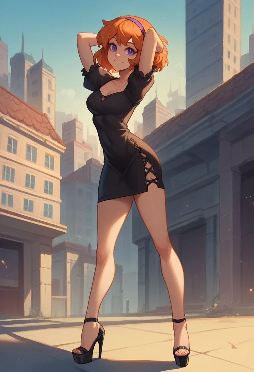 dbv1, orange hair, hairband, black dress, short dress, purple eyes, 1girl, full body shot, long legs, black platform high heels, smile, looking at viewer, city background, arms behind head,