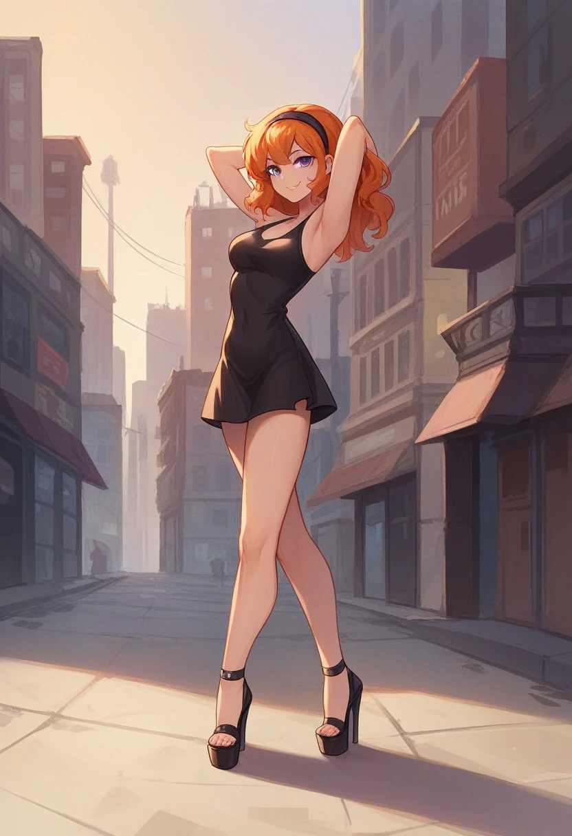 dbv1, orange hair, hairband, black dress, short dress, purple eyes, 1girl, full body shot, long legs, black platform high heels, smile, looking at viewer, city background, arms behind head,