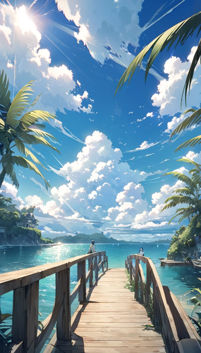 extremely detailed CG, unity 8k wallpaper, pier , There is a small island across the sea、Clouds are floating in the sky。The sunlight shines through the gaps in the clouds、Creating a fantastic scene。The sky is blue、The clouds are shining white、I can feel the wind blowing。wood々The leaves are slightly visible at the top.。 Paintings inspired by Makoto Shinkai, Beautiful anime scenery、Ultra-realistic, Anime movie background, Pixiv Topics、The sea water is clear、Seeing shades of green and blue、Flowing streaks of clouds can be seen in the sky、The sea is the main thing、