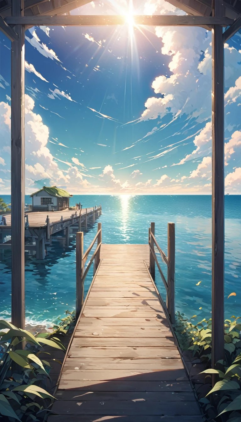 extremely detailed CG, unity 8k wallpaper, pier , There is a small island across the sea、Clouds are floating in the sky。The sunlight shines through the gaps in the clouds、Creating a fantastic scene。The sky is blue、The clouds are shining white、I can feel the wind blowing。wood々The leaves are slightly visible at the top.。 Paintings inspired by Makoto Shinkai, Beautiful anime scenery、Ultra-realistic, Anime movie background, Pixiv Topics、The sea water is clear、Seeing shades of green and blue、Flowing streaks of clouds can be seen in the sky、The sea is the main thing、