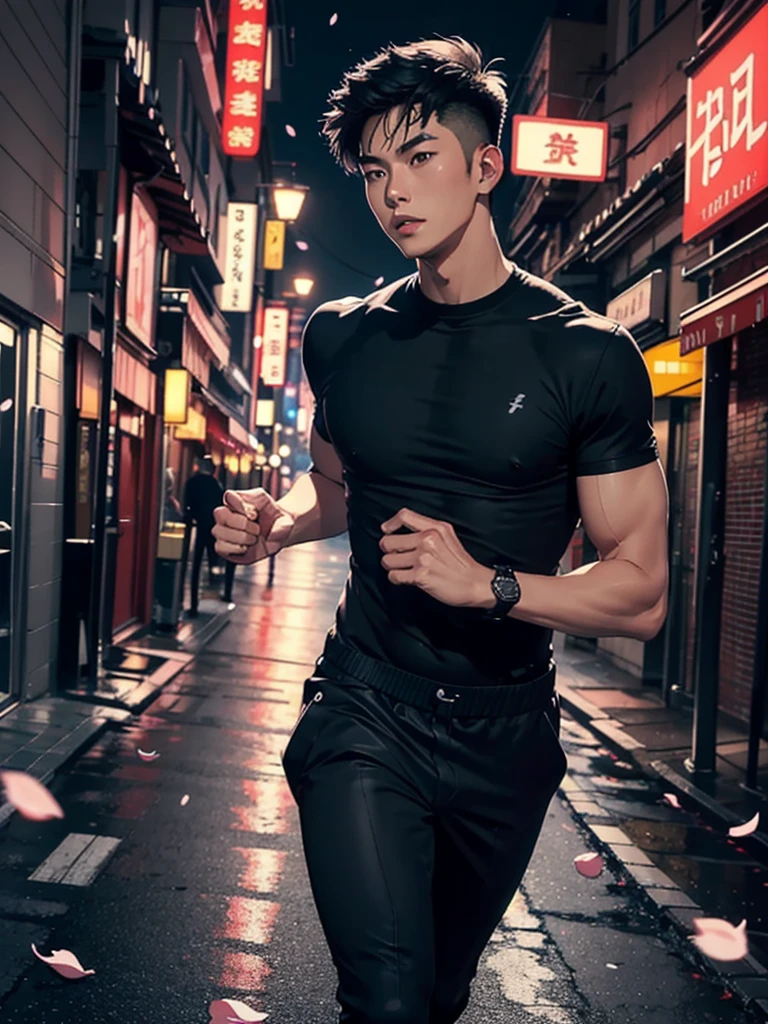 portrait of a 1 handsome asian man (25 year old) wearing a tight black tank top, front view, he is running on the street (smirk:0.65), (angry:0.3), cinematic shot on canon 5d ultra realistic, urban atmosphere, skyscrapers, night scene, sakura petals are flying over the background, short hair undercut, (extremely handsome:1.2)