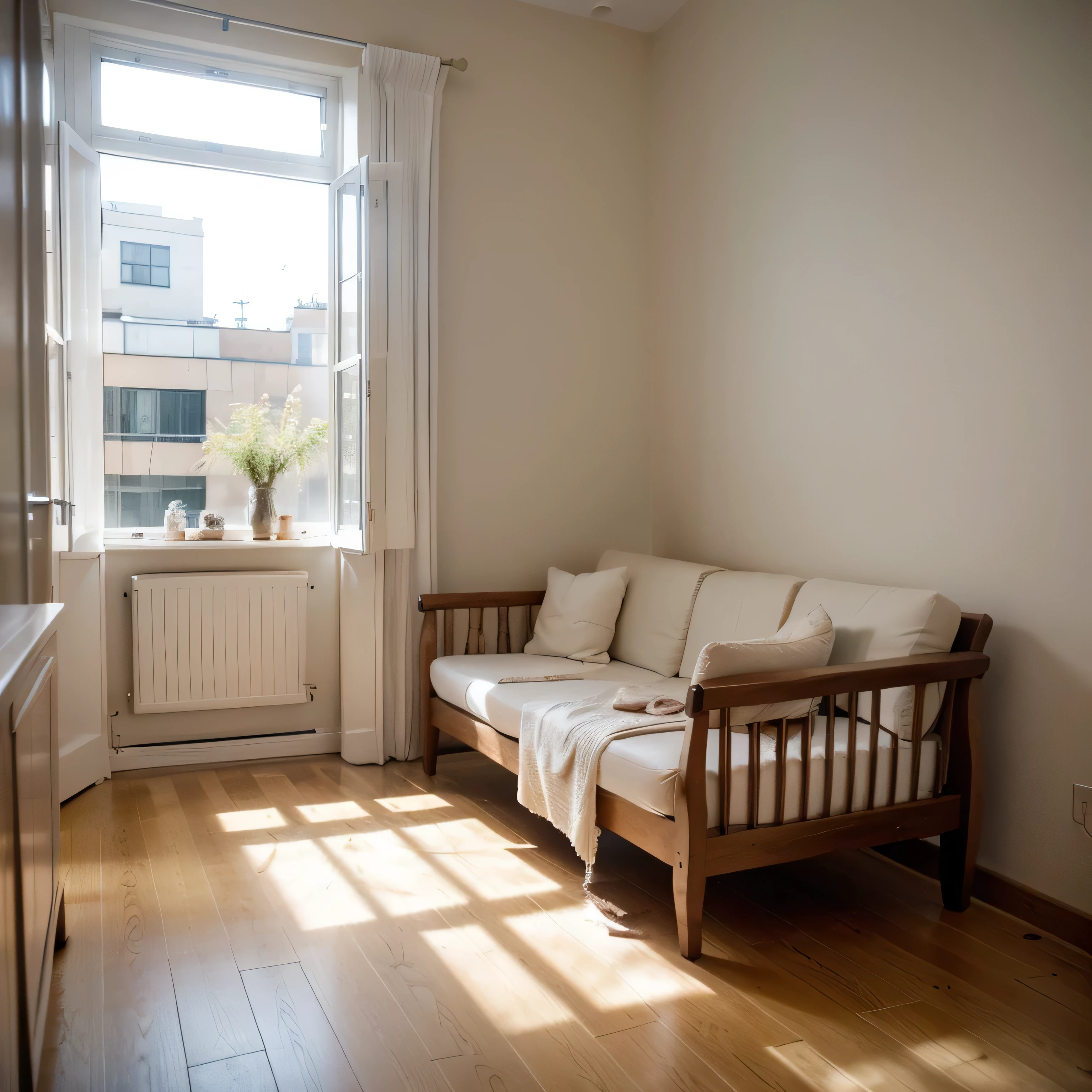 A corner next to the sofa,In a small corner,Wood color floor,There is a small beige short-haired diaper blanket on the floor,Clean environment,Warm indoor environment,Floor-to-ceiling windows,Natural light and shadow