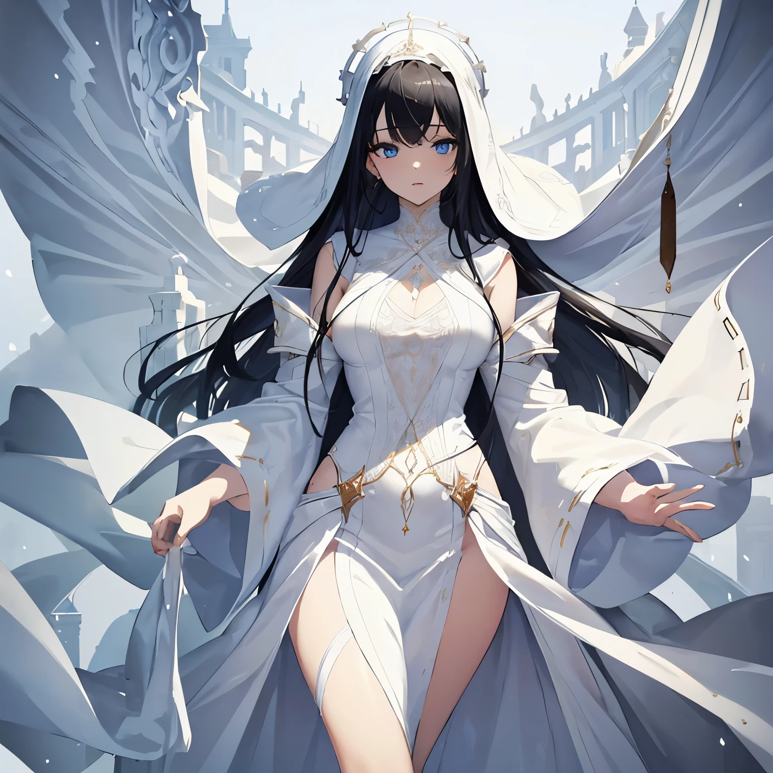 ((masterpiece)), (A white robe that covers the whole body,One person,young woman:1.5), (harf body,standing:1.2),Intricate details, View your viewers, beautiful, Fine eyes and lips,Fantasy,Perfect Face, (1 girl,White background:1.3),Clear skin,Long black hair,Fantasy,Detailed facial expressions,Beautiful hands with five fingers open,A rich expression,Beautiful and shining eyes
