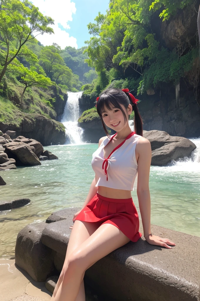 realistic photo,truly cute girl ,sexy pose,sexy cloths,japanese maiden shrine,wearing white garps,sleeveless wearing red mini skirt, smiling, on the beach,see her neckline,poney tail, big ,background is waterfall,very sexy,spread legs,sitting on the tarf