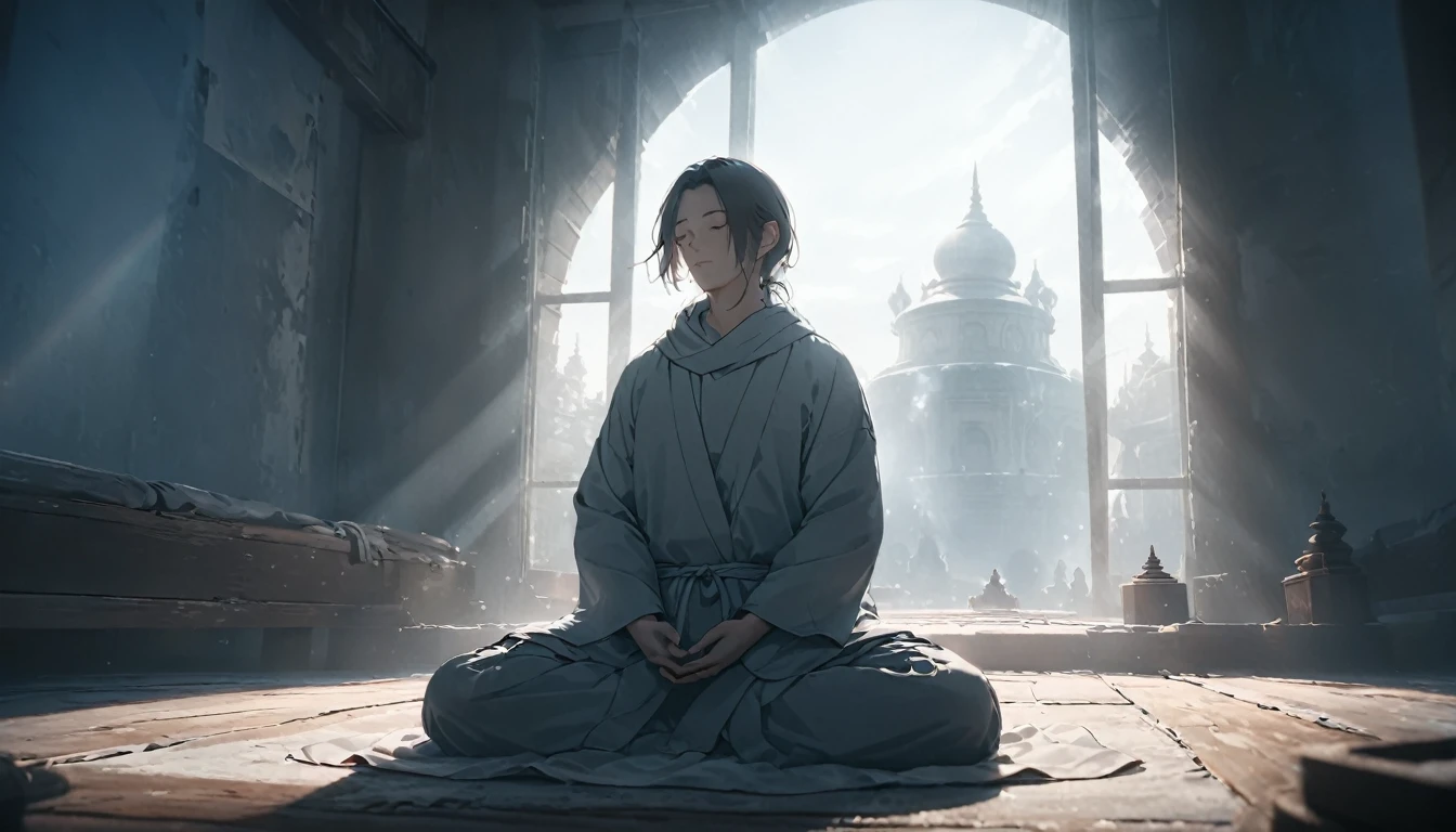 Person meditating on a clear day. Loose Clothes. cinematic lighting
