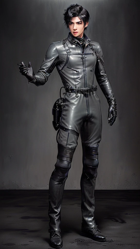 Final fantasy taste and reality graphics, ((Japanese young cute and cool ikemen boy)), his age is early 20s, thin eyebrows and beady eyes, ((he wearing gray color, thick leather coverall suit)),((cool combat uniform)),((Don't show your bare skin from the head down) ((motorcycle suit style coverall suit)),((coverall suit is high collar)), ((voluminous coverall suit)), ((coverall suit with black waist belt)),((coverall suit put on Translucent protectors, forearms,shoulders,chest,back, and front of tights.)) ((Coverall suits flank area, put on black parts)), ((put black leather tight and thin glove on both hands)), ((black color leather glove)),((black color leather boots)),((must views head-to-toe)),((must views whole body)), ,((Do not show skin from the neck down)),, .((must put on a leather glove)).
Boy is black hair.
Boy in the dim room.
