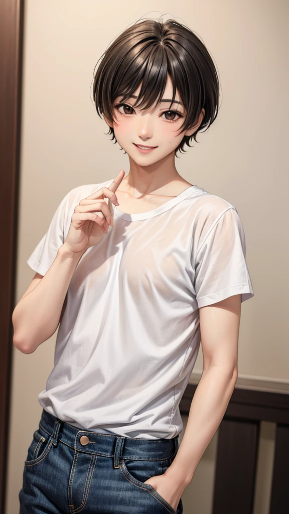 (Highest quality,Very detailed,High resolution:1.2),One adult male,Black Hair,The most beautiful young man in human history,(1 photo from the front),deep black eyes (deep black eyes:1.1),(Elaborate,wonderful) ,The smile when you meet your lover、smile、Smiling with teeth showing、jeans、A plain white T-shirt、Strong Body、manly、Sunburned skin、Shortcuts、Stocky physique、Confident expression、Very short hair、The bangs are swept to the side、Permed hair、Sharp eyes、Are standing、The background is pure white、looking at the camera、whole photo、Hands in goo pose