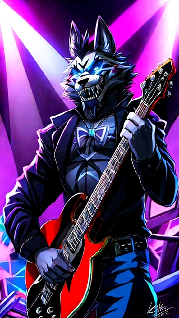 A five nights at freddy's security bridge black and blue wolf character who is Nightmare and has a 3D style guitar