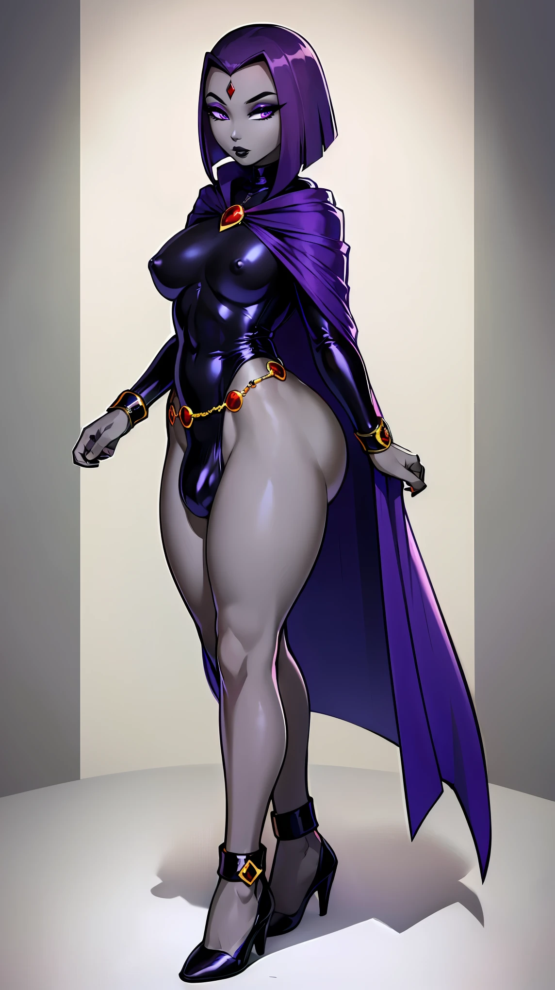 (solo:1.1),(masterpiece), (best quality:1.3), ultra detailed, intricate, professional art, digital art, absurdres, shadraven, (Full body view:1.1), 1girl, solo, (grey skin:1.4), dark purple hair, bob hair, dark purple eyes, hips wider than shoulders, pear shaped body, jewellery, detailed thighs, thick thighs, red jewel in forehead, jewels, (long sleeved turtleneck leotard:1.3), cuffs, small breasts, nipple bulge, (shadraven long cloak), (Shadraven broach:1.2), Shadraven jewel belt, Shadraven wearing a long sleeved leotard, long legs, ( long crotch bulge:1.4), large penis, large testicles, side view, looking at viewer, bubble butt , gluteal crease, universal lighting,,
