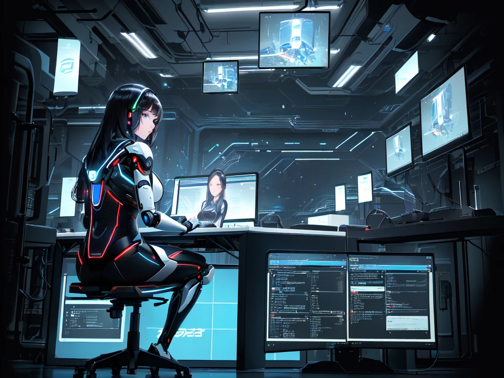 There is a large monitor on the back with a graph displayed in the center., A woman sitting at a table with a laptop and a man sitting in a chair, Endless collaboration with AI, Artificial Intelligence, strong Artificial Intelligence, AI creates realists, AI Researcher, Computers and holograms, The Coming AI Singularity, Artificial Intelligence!!, The image is futuristic, With AI theme, Woman and robot, Integrated synthetic android, Depicted as a sci-fi scene