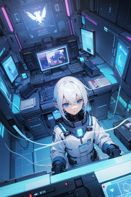White hair-blue eyes boy,in the heart, command of your spaceship, surrounded by systems and computers 