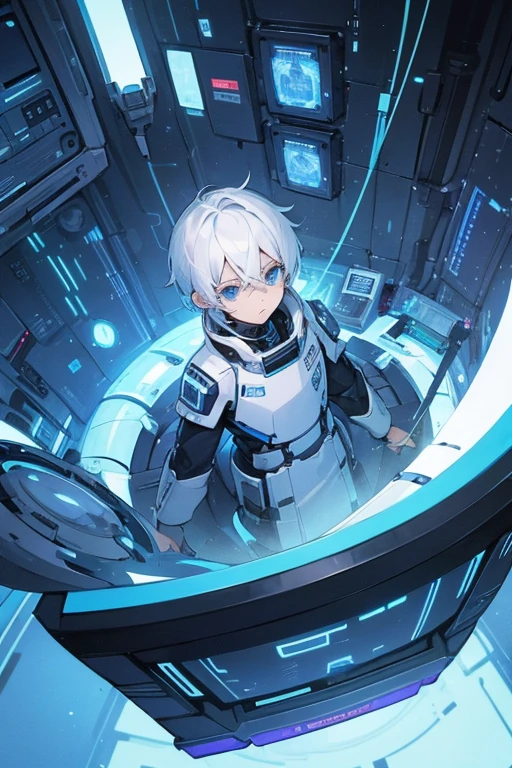 White hair-blue eyes boy,in the heart, command of your spaceship, surrounded by systems and computers