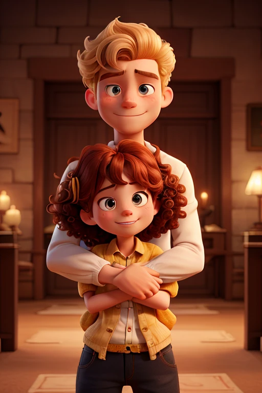 couple hugging. Monstrance behind. redheadwear, small, curly hair. blond boy, Cao Cao, slickedback hair.
