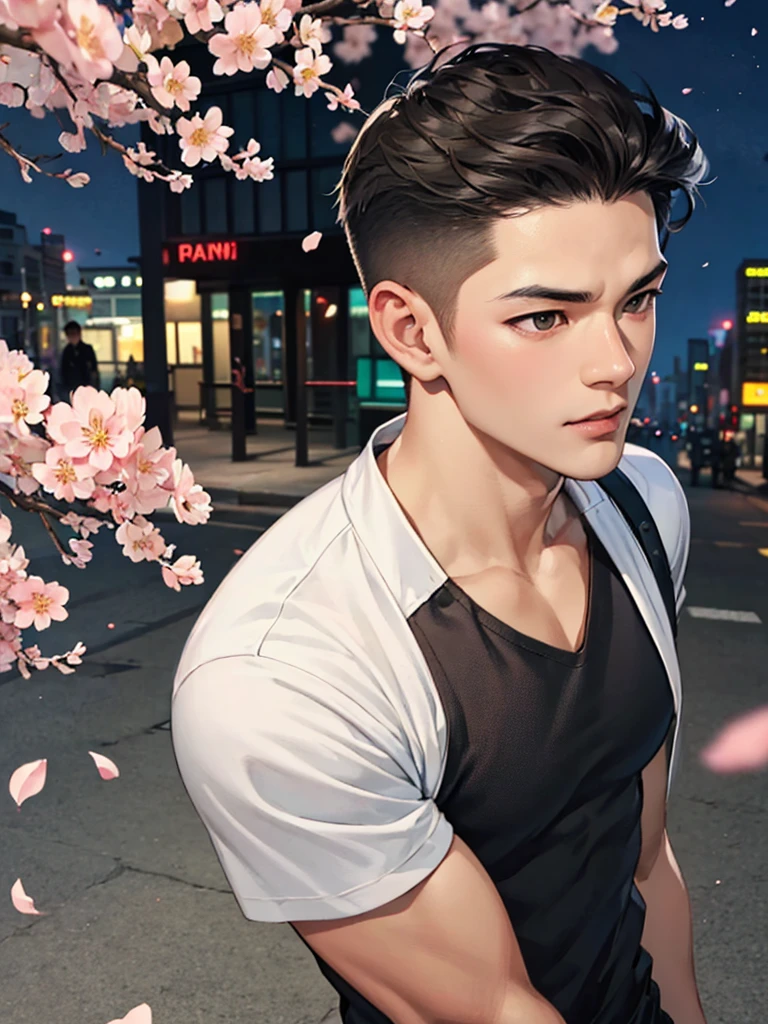 portrait of a 1 handsome asian man (25 year old) wearing a tight black tank top, front view, he is running on the street (smirk:0.65), (angry:0.3), cinematic shot on canon 5d ultra realistic, urban atmosphere, skyscrapers, night scene, sakura petals are flying over the background, short hair undercut, (extremely handsome:1.2)