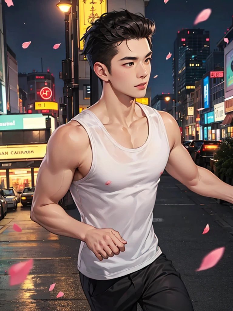 portrait of a 1 handsome asian man (25 year old) wearing a tight black tank top, front view, he is running on the street (smirk:0.65), (angry:0.3), cinematic shot on canon 5d ultra realistic, urban atmosphere, skyscrapers, night scene, sakura petals are flying over the background, short hair undercut, (extremely handsome:1.2)