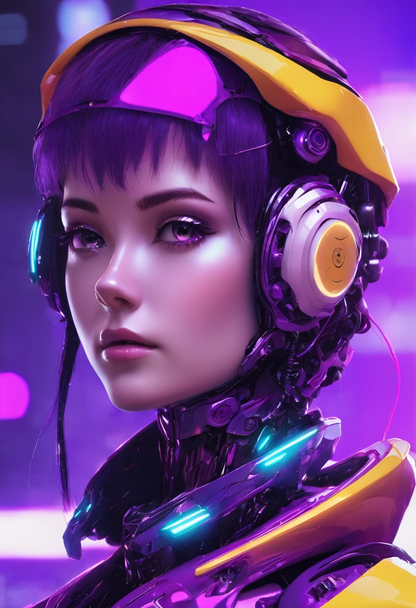 Cute humanoid robot woman girl in profile neon colors purple purple 1080×1920