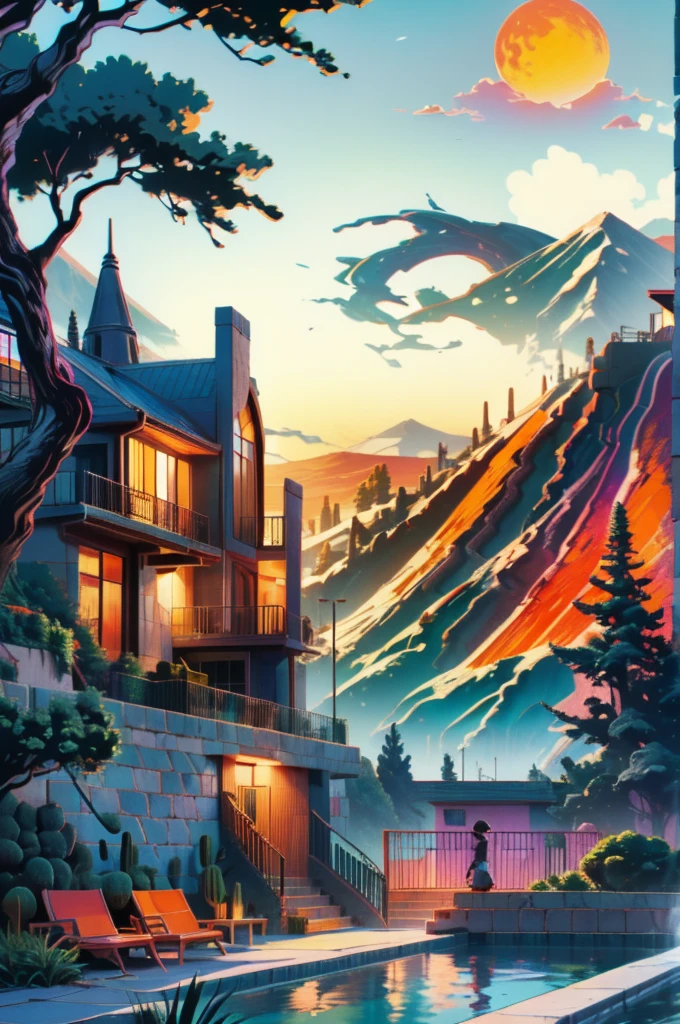 Multiple houses, brutalism style, Luis Barragán, Mountains in background, river, pool, terraces, stairs, garden terraces, trees, beautiful clouds, moon, sun, detailed, cacti, boulders, volcanic rocks, fuggy, river, lake, Violet, orange, olive green, blue, magenta, amazing volcano in horizont, beautiful garden design