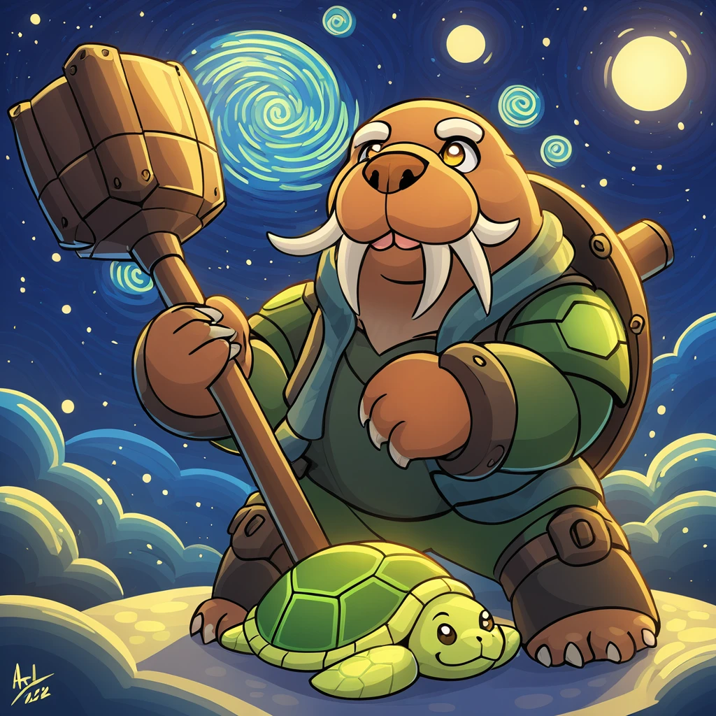 armored walrus with a giant hammer and green turtle shell in Starry Night art style