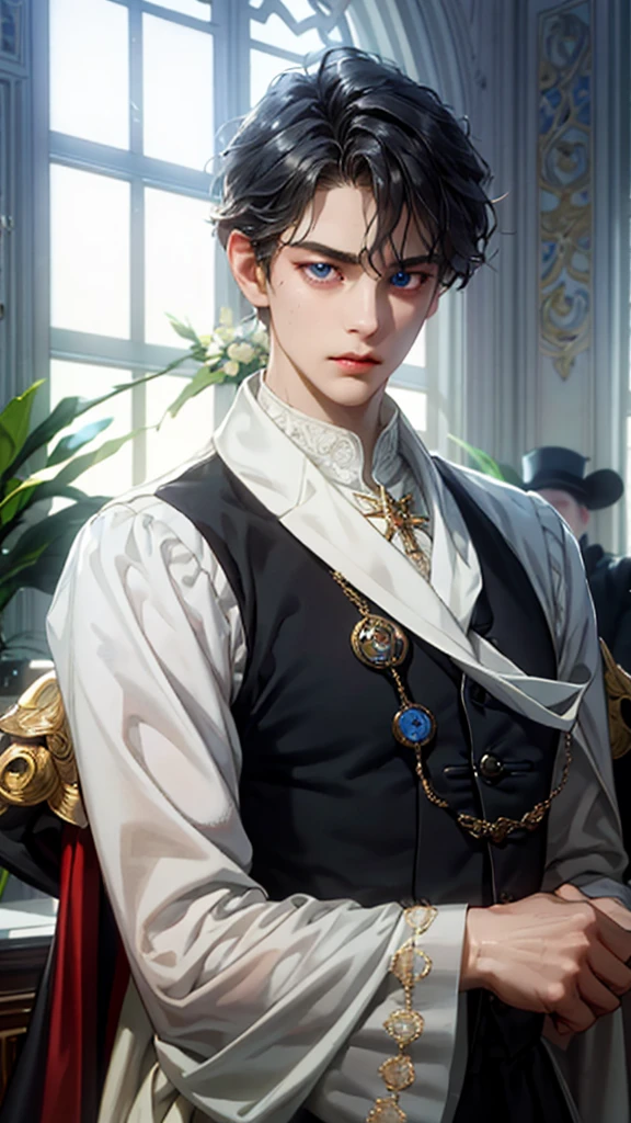 masterpiece, best quality, high quality, 1 boy, Solitary, Male focus, Looking at the audience, Upper Body, victory_destiny, Black Hair, blue eyes, bule, noble, , noble, noble的, Victorian Era, 20 years old
