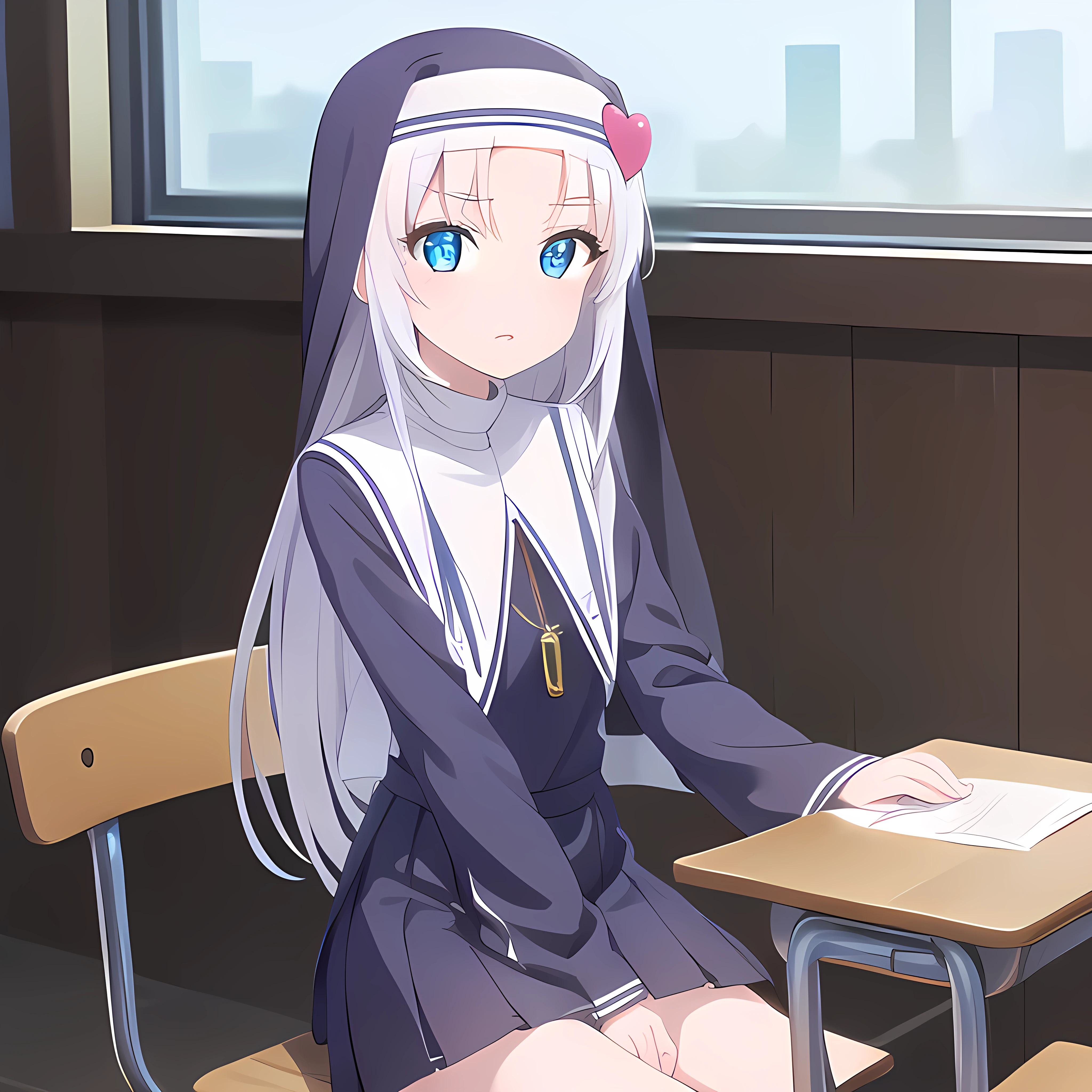 mariatakayama, maria takayama, long hair, blue eyes, fang, aqua eyes,
BREAK jewelry, heart, necklace, nun, habit, white short skirt
BREAK indoors, classroom, seated on desk
BREAK (masterpiece:1.2), best quality, high resolution, unity 8k wallpaper, (illustration:0.8), (beautiful detailed eyes:1.6), extremely detailed face, perfect lighting, extremely detailed CG, (perfect hands, perfect anatomy),