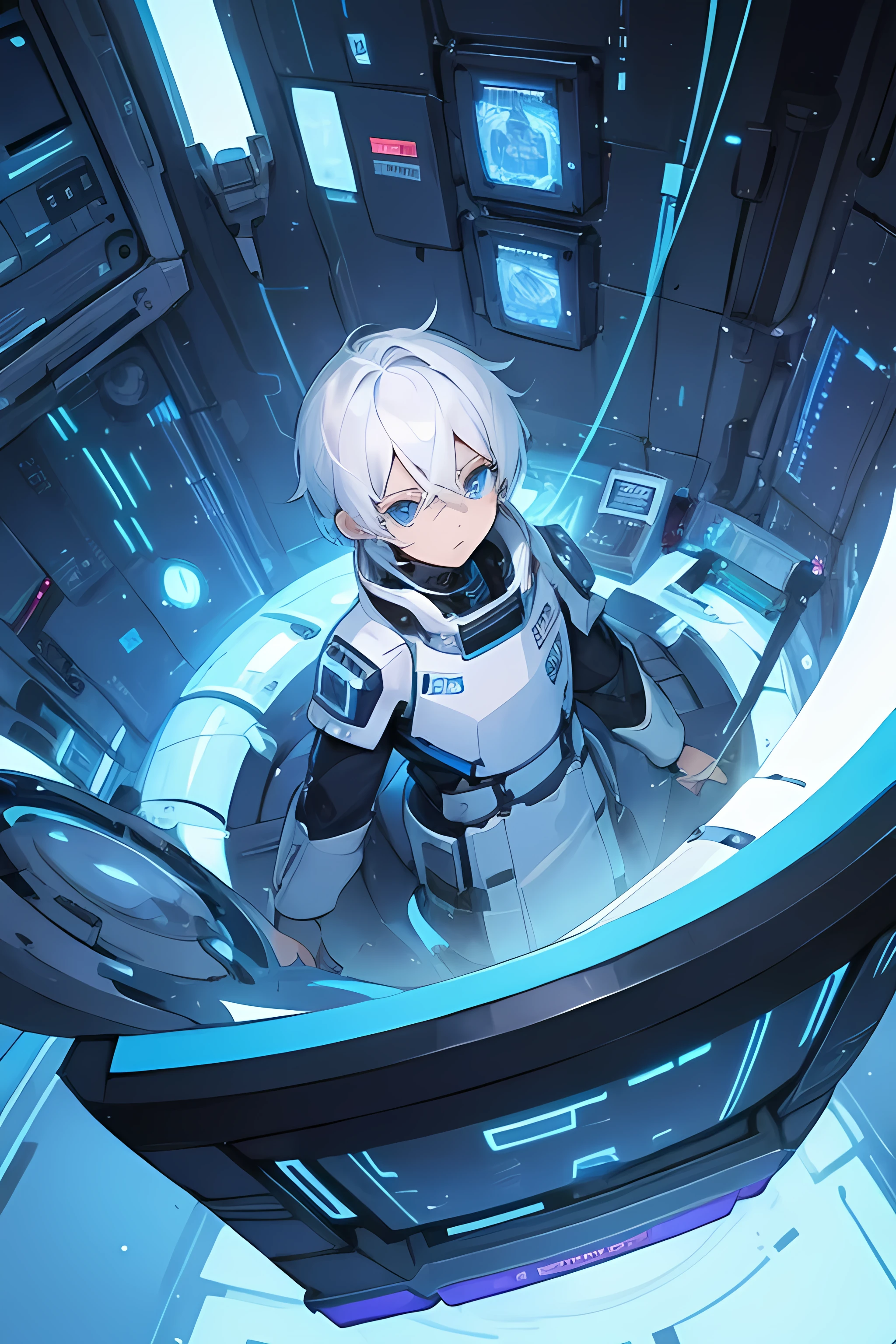 White hair-blue eyes boy,in the heart, command of your spaceship, surrounded by systems and computers