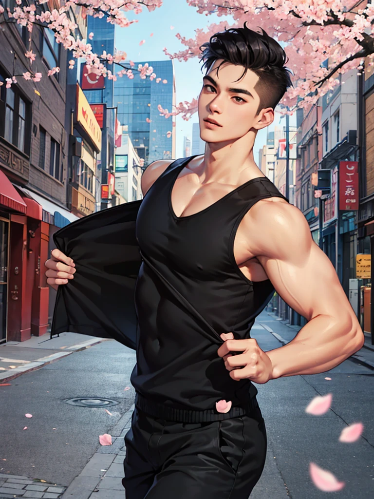 portrait of a 1 handsome asian man (25 year old) wearing a tight black tank top, front view, he is running on the street (smirk:0.65), (angry:0.3), cinematic shot on canon 5d ultra realistic, urban atmosphere, skyscrapers, night scene, sakura petals are flying over the background, short hair undercut, (extremely handsome:1.2)