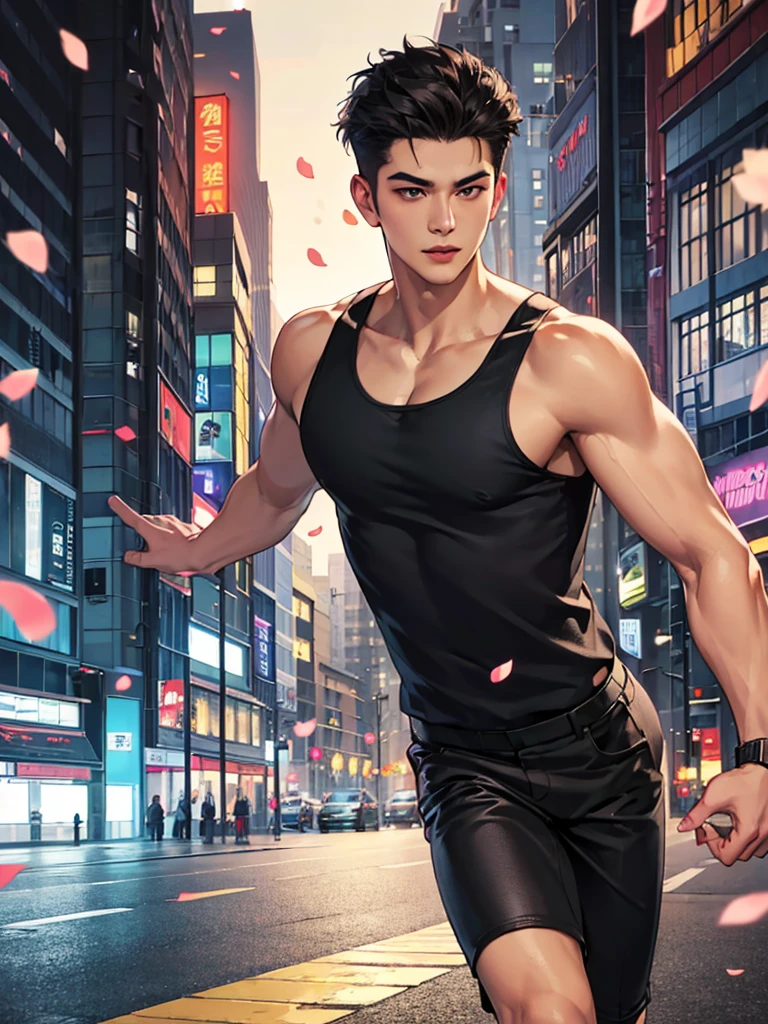 portrait of a 1 handsome asian man (25 year old) wearing a tight black tank top, front view, he is running on the street (smirk:0.65), (angry:0.3), cinematic shot on canon 5d ultra realistic, urban atmosphere, skyscrapers, night scene, sakura petals are flying over the background, short hair undercut, (extremely handsome:1.2)
