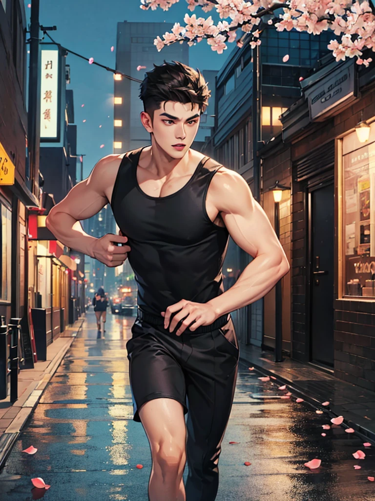 portrait of a 1 handsome asian man (25 year old) wearing a tight black tank top, front view, he is running on the street (smirk:0.65), (angry:0.3), cinematic shot on canon 5d ultra realistic, urban atmosphere, skyscrapers, night scene, sakura petals are flying over the background, short hair undercut, (extremely handsome:1.2)