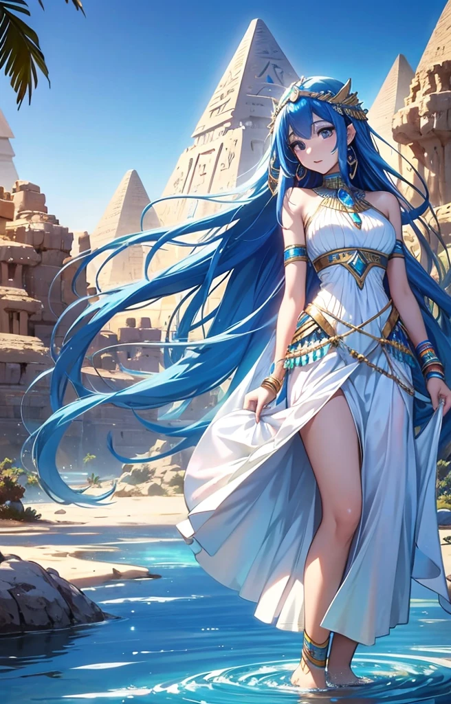 best qualityer,tmasterpiece,Ultimate resolution,downy,Extremely colorful,Colorful,Oasis background,Ancient Egyptian woman,Long azure hair,a matural female,Long white dress in Egyptian style,a white long skirt,Treading water,Desert oasis,Nile River,Normal posture