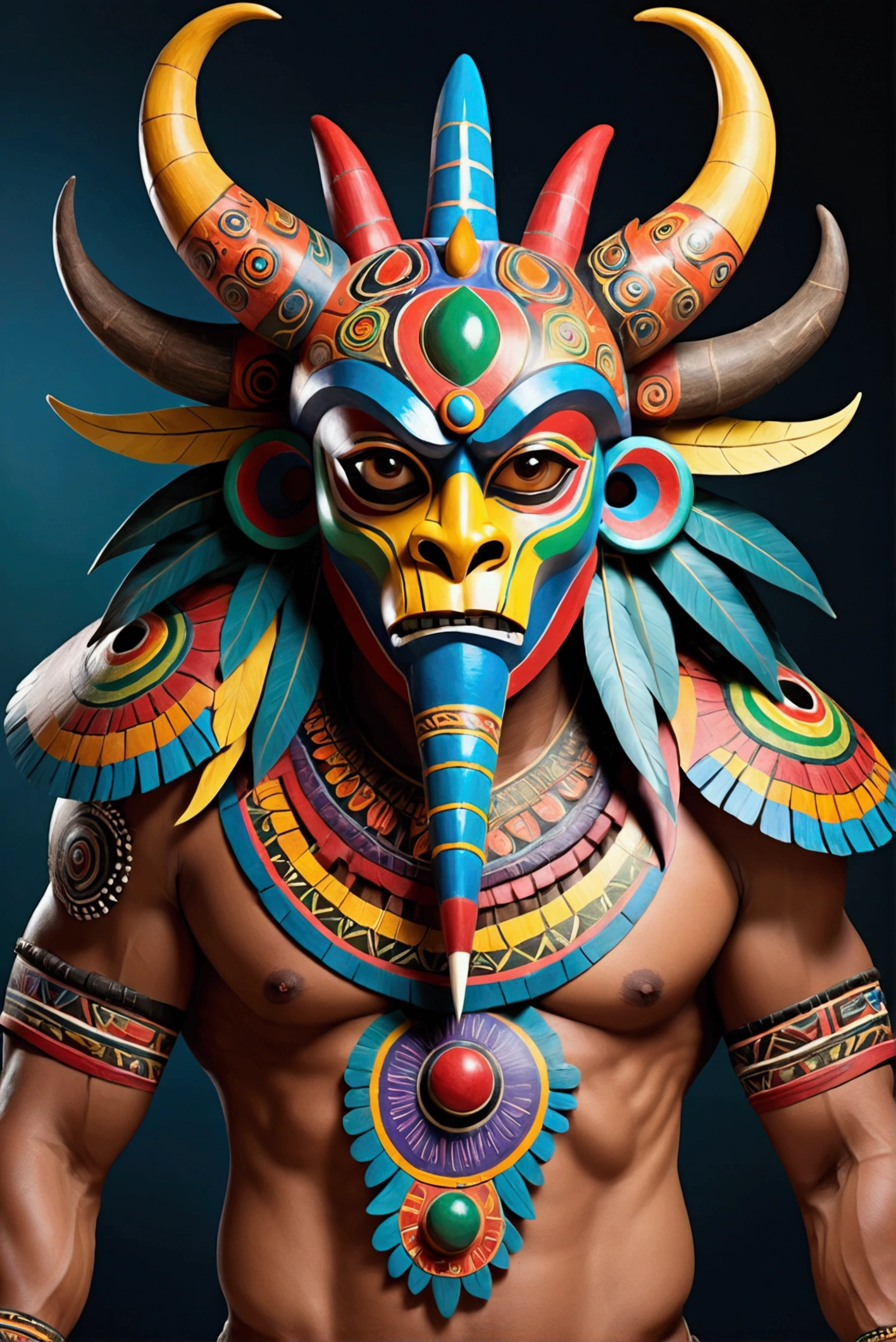 Tribal monster with colorful wooden mask, giant creature with parts of South American animals on your body, powerful and enormous deity 