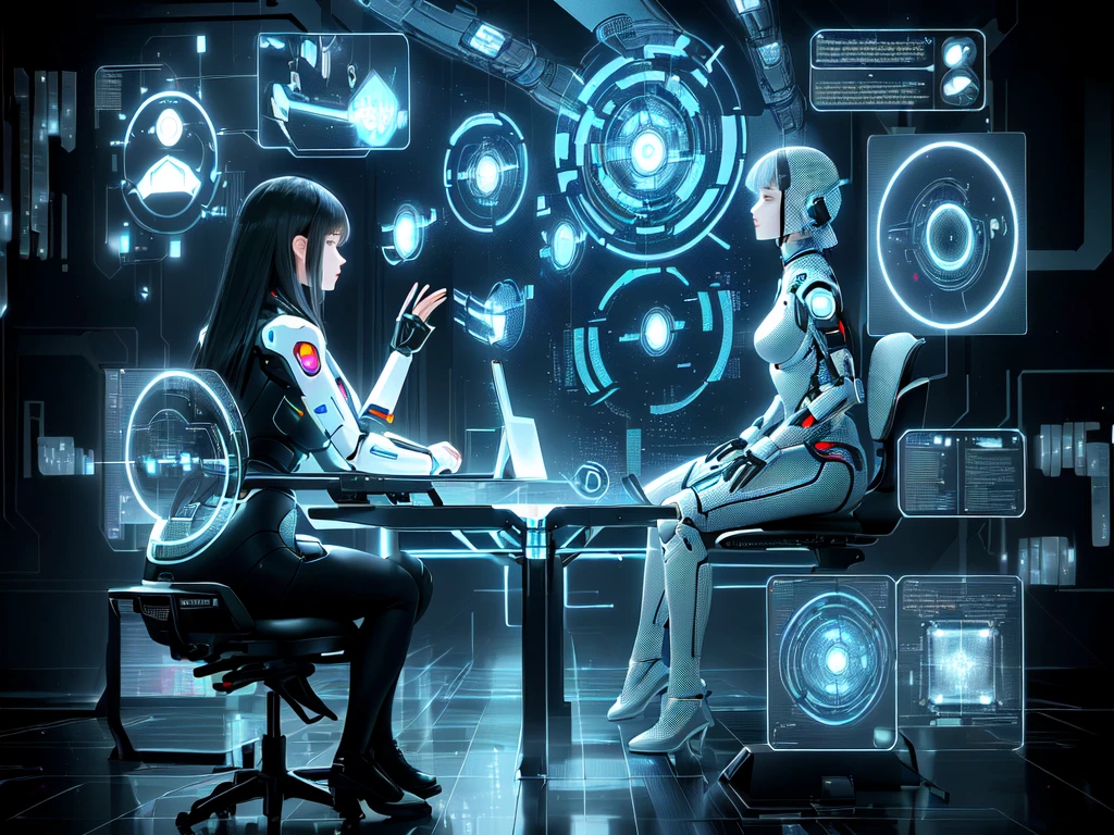 There is a large monitor on the back with a graph displayed in the center., A woman sitting at a table with a laptop and a man sitting in a chair, Endless collaboration with AI, Artificial Intelligence, strong Artificial Intelligence, AI creates realists, AI Researcher, Computers and holograms, The Coming AI Singularity, Artificial Intelligence!!, The image is futuristic, With AI theme, Woman and robot, Integrated synthetic android, Depicted as a sci-fi scene