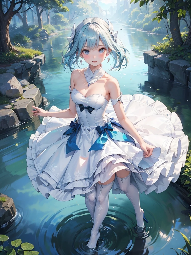 ((Biologically correct limb count)),(( From head to toe,Full-body photo including face)),4K,((Standing position)),masterpiece,((Focus on the face)),((Symmetrical facial features)),Eyes with detailed description,Beautiful woman,Great style,Beautiful arms,Beautiful legs,Beautiful Hands,(Small Ass,Thin thighs),Detailed depiction of the face,Small earrings,necklace,(White dress((High heels,Patterned stockings))),((evening,Playing in the river)),(((blue blonde))),Realistic photo,Focus on the face