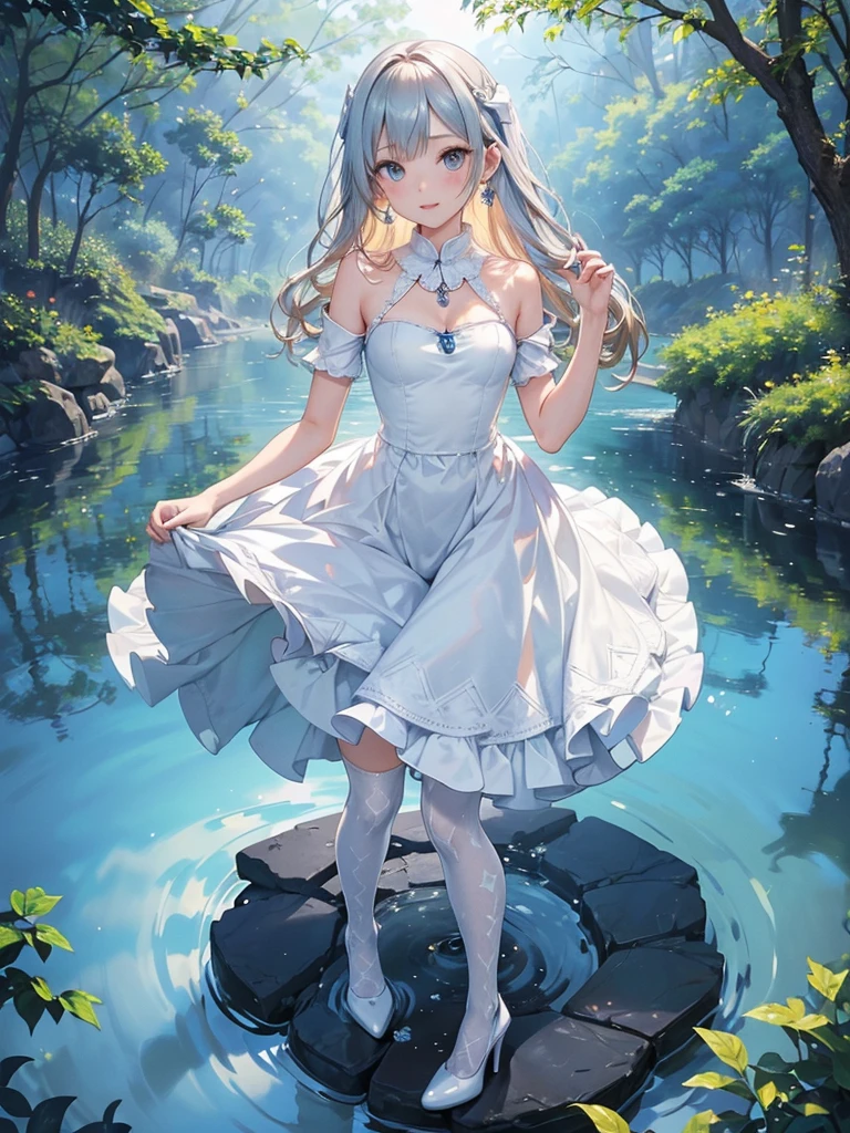 ((Biologically correct limb count)),(( From head to toe,Full-body photo including face)),4K,((Standing position)),masterpiece,((Focus on the face)),((Symmetrical facial features)),Eyes with detailed description,Beautiful woman,Great style,Beautiful arms,Beautiful legs,Beautiful Hands,(Small Ass,Thin thighs),Detailed depiction of the face,Small earrings,necklace,(White dress((High heels,Patterned stockings))),((evening,Playing in the river)),(((blue blonde))),Realistic photo,Focus on the face