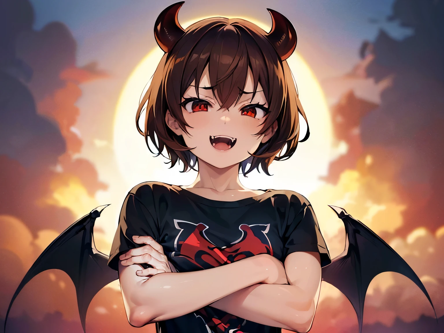 (SFW:1.5),(Small breasts:1.5),beautiful, masterpiece, Highest quality, anime, 1 Female, alone, look at viewer, Intricate details, (Shining Eyes:1.3),(Beautifully detailed eyes:1.1),(Eyes are bright red:1.5),(short hair:1.5),(sidelocks:1.4),(Demon horns on head:1.5),(Brown Hair:1.5), (slant eyes), Cheerful eyes,(Mouth wide open and fangs:1.5),(t-shirt:1.5),(jeans:1),(Sharp focus:1.2),from front,(light smile:1),(upper body:2),aggressive,(fighting stance),(anatomically correct:1.5),(crossed arms:1.5),(small breasts:1.5),