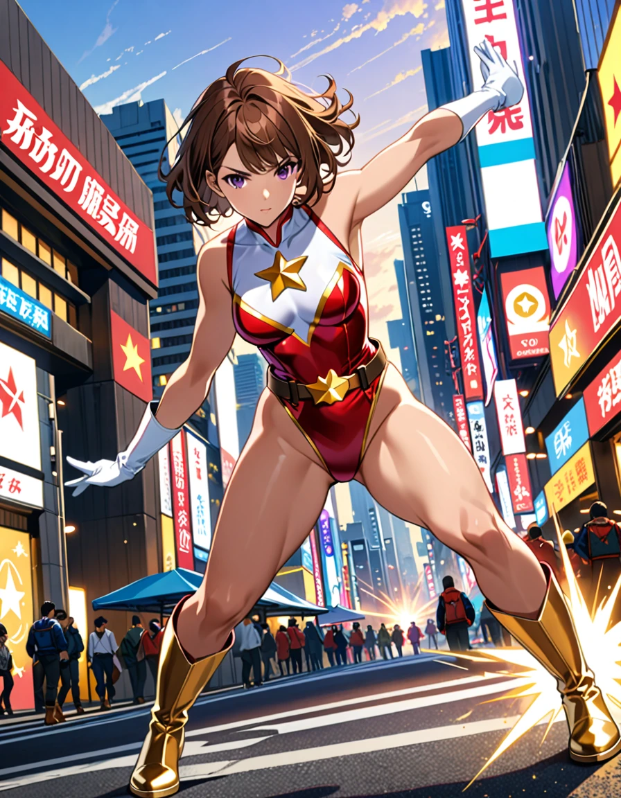 (masterpiece), (Highest quality), (High resolution), Medium chest, ((leotard, white and red leotard, matching leotard, No sleeve, barefoot)), ((Tight belt, Gold Belt)), ((boots, matching boots, ankle-high boots, white boots)), ((gloves, white gloves)), Urban Background, tokyo Urban Background, alone, alone focus, Dynamic fighting pose, (whole body), Cowboy Shot, Superhero, ((Beautiful attention to detail)), ((Gold star symbol on chest)), (Brown Hair, Medium Hair, Bob Hair, Purple eyes), (Perfect hands, Perfect Anatomy), Superhero, ((Beautiful attention to detail)), whole body costume design. Energy ball in hand.
