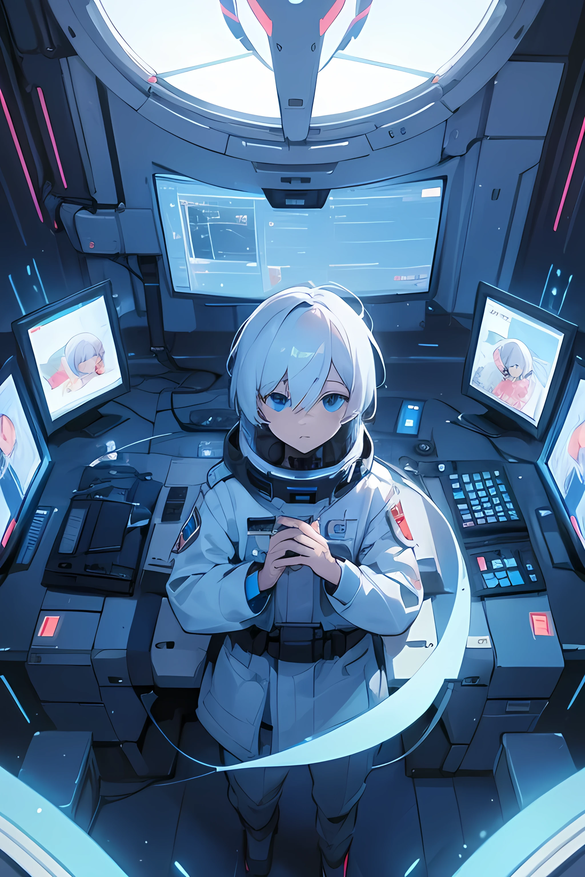 White hair-blue eyes boy,in the heart, command of your spaceship, surrounded by systems and computers