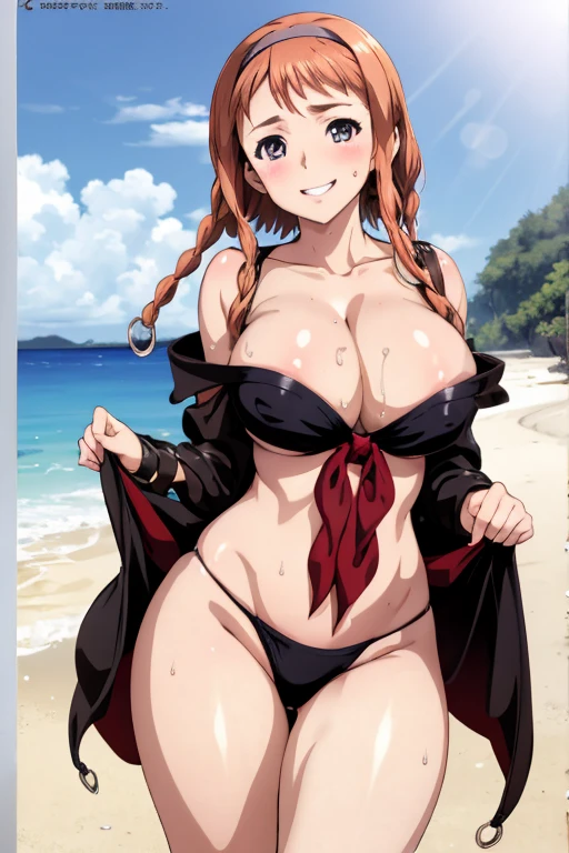 masterpiece, best quality, beautiful art, high resolution, well formed hands, body and fingers, 1 woman, solo, Maou, underboob, , large and round breasted, cleavage, hair ribbon, wearing a Leina Vance outfit, loin cloth, full body picture, sexy skimpy bikini armor, gorgeous hips, legs and thighs , dancing seductively and erotically, turning backwards and forwards, shaking her body alluringly, bouncing breasts, sweating, bikini thong, smiling joyfully, looking at the viewer, flirting, beach environment