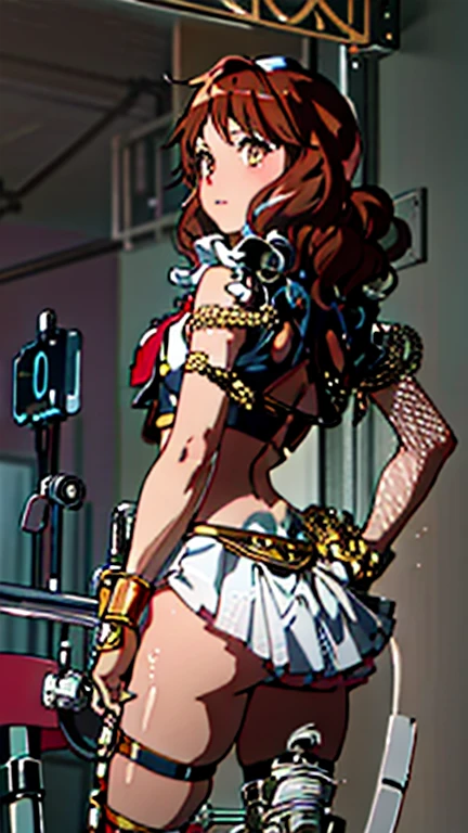 ((kumiko oumae)) ((amber eyes)) ((brown hair)) as a gladiator in a ((skimpy backless and low cut outfit)) and flowers in her hand, guweiz, artwork in the style of guweiz, guweiz on pixiv artstation, guweiz on artstation pixiv, clean detailed anime art, guweiz masterpiece, beautiful anime art style, cute anime waifu in a a crop top and ((very short frilled micro-skirt)), exposed legs, bare arms, ((very short hem)) (small chest), BREAK standing in a dark temple ((masterpiece)), (((Best Quality))),((Beautiful fine eyes)),(Eye lashes)、