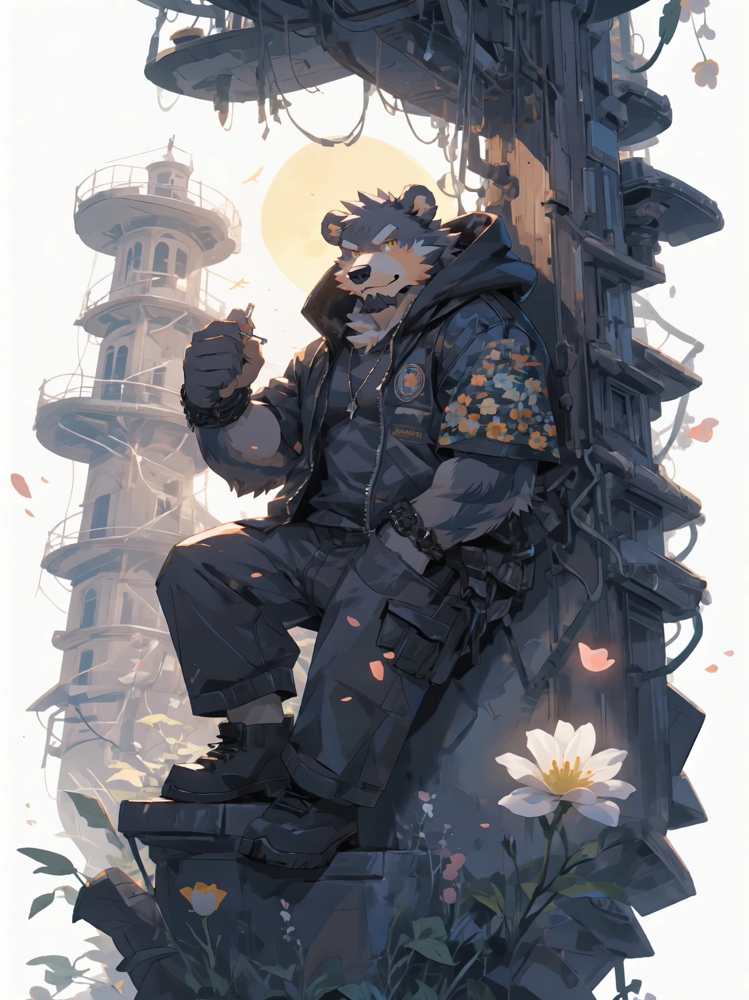 ultra-detailed,extremely detailed and beautiful, sky and white cloud and sunset glow background,ultra-detailed birds, (floating city in bloom, Floating petals, blooming gardens in the sky, many vines on the wall:1.2),Imagination,(masterpiece:1.2), best quality,pixiv,official art,perfect anatomy, (Ray tracing, light),solo, (1_male:1.3) , (muscle), (grey fur:1.4), (muscle bear), (beard:1.2), (gleaming golden eyes), bear tail, full body, Thick black eyebrows, (open short hoodie), (naked inside),cargo shorts, black short boots, (pure white background: 1.3), looking at viewer,dynamic pose